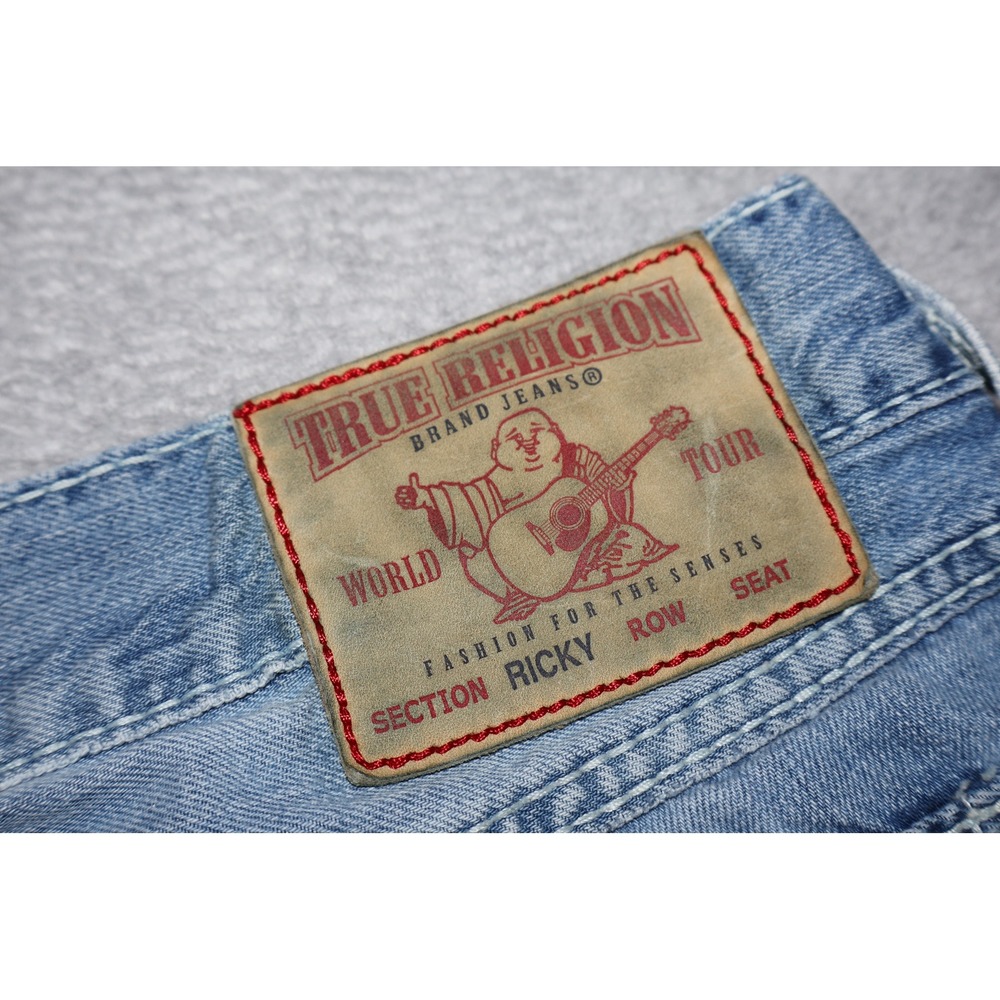 True Religion Ricky Jeans Y2K Men 38x30 Blue Distressed Straight Leg Made USA